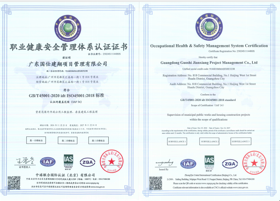 （中和联合国际认证）职业健康安全管理体系认证证书